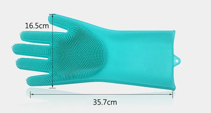 Blue silicone cleaning gloves with a textured sponge palm design for scrubbing.
