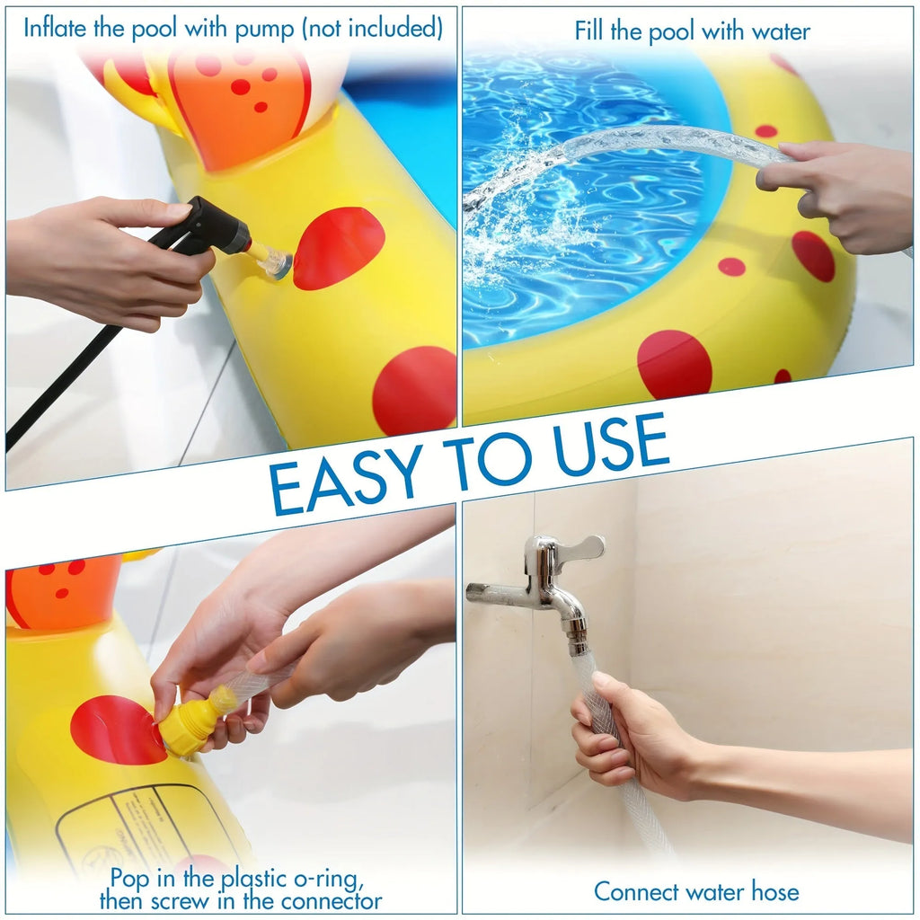 Blue inflatable dinosaur water spray pool with four water spray zones for children's outdoor play