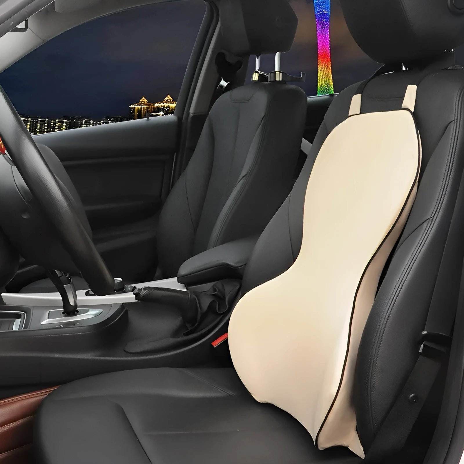 Memory cotton car cushion for lumbar support in black, coffee, grey, or off-white on a car seat.