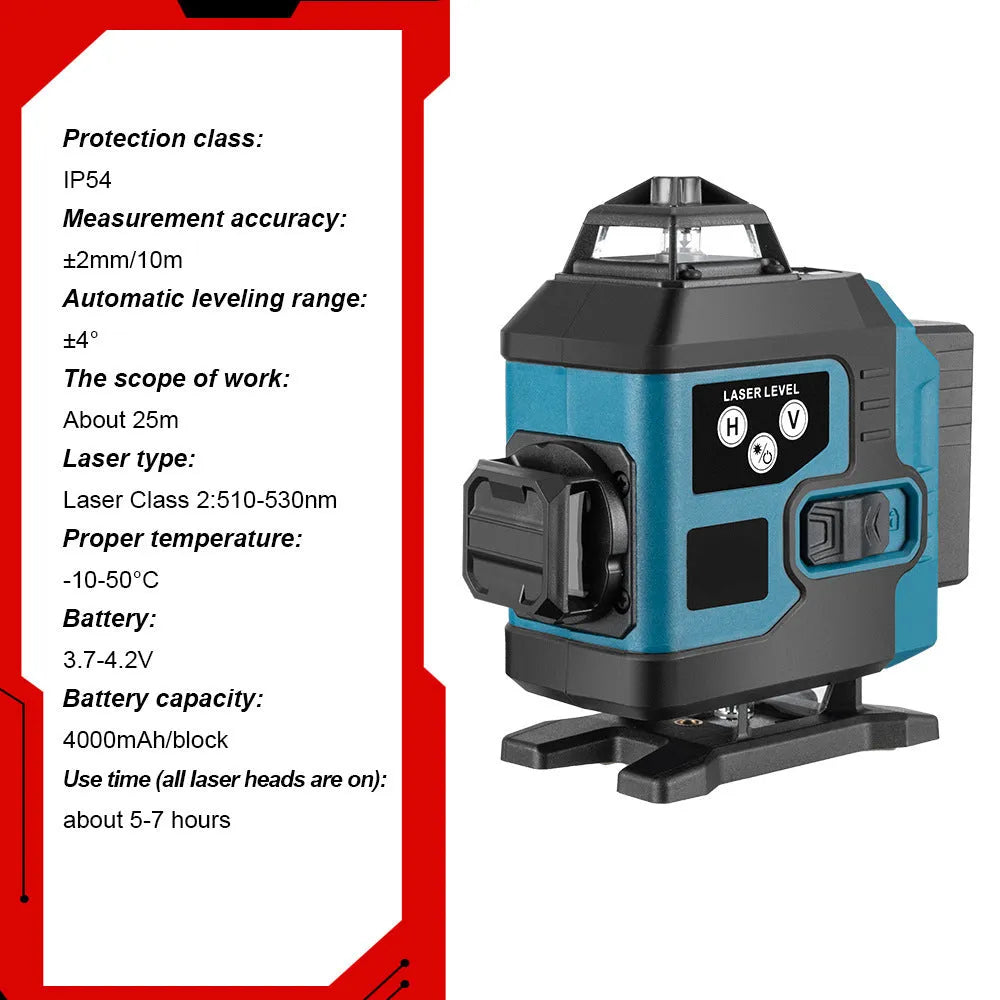 16-line infrared level in ABS housing with dual power supply and EU plug, shown on floor