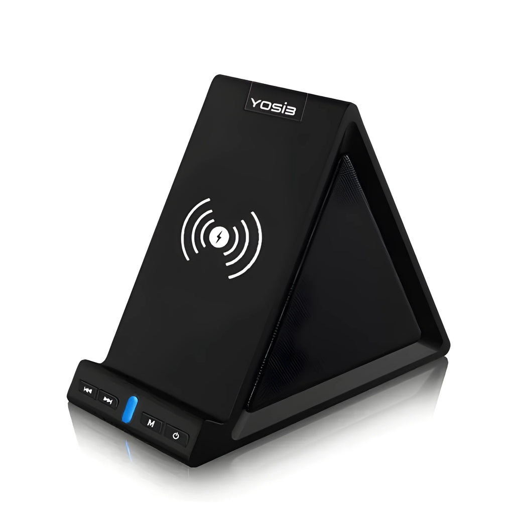 Black multifunctional Bluetooth speaker with phone stand and wireless charging ports.