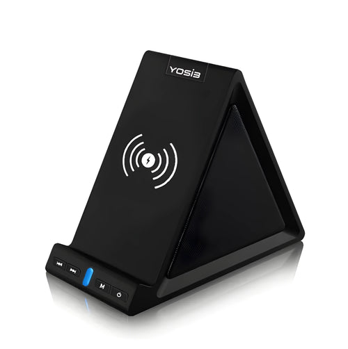 Black multifunctional Bluetooth speaker with phone stand and wireless charging ports.