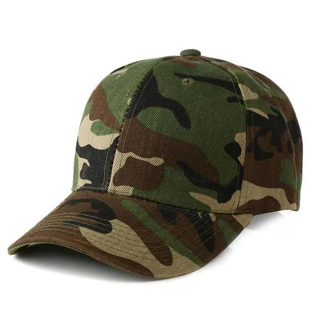 Camouflage baseball cap with wide brim and flat eaves in green colour on white background