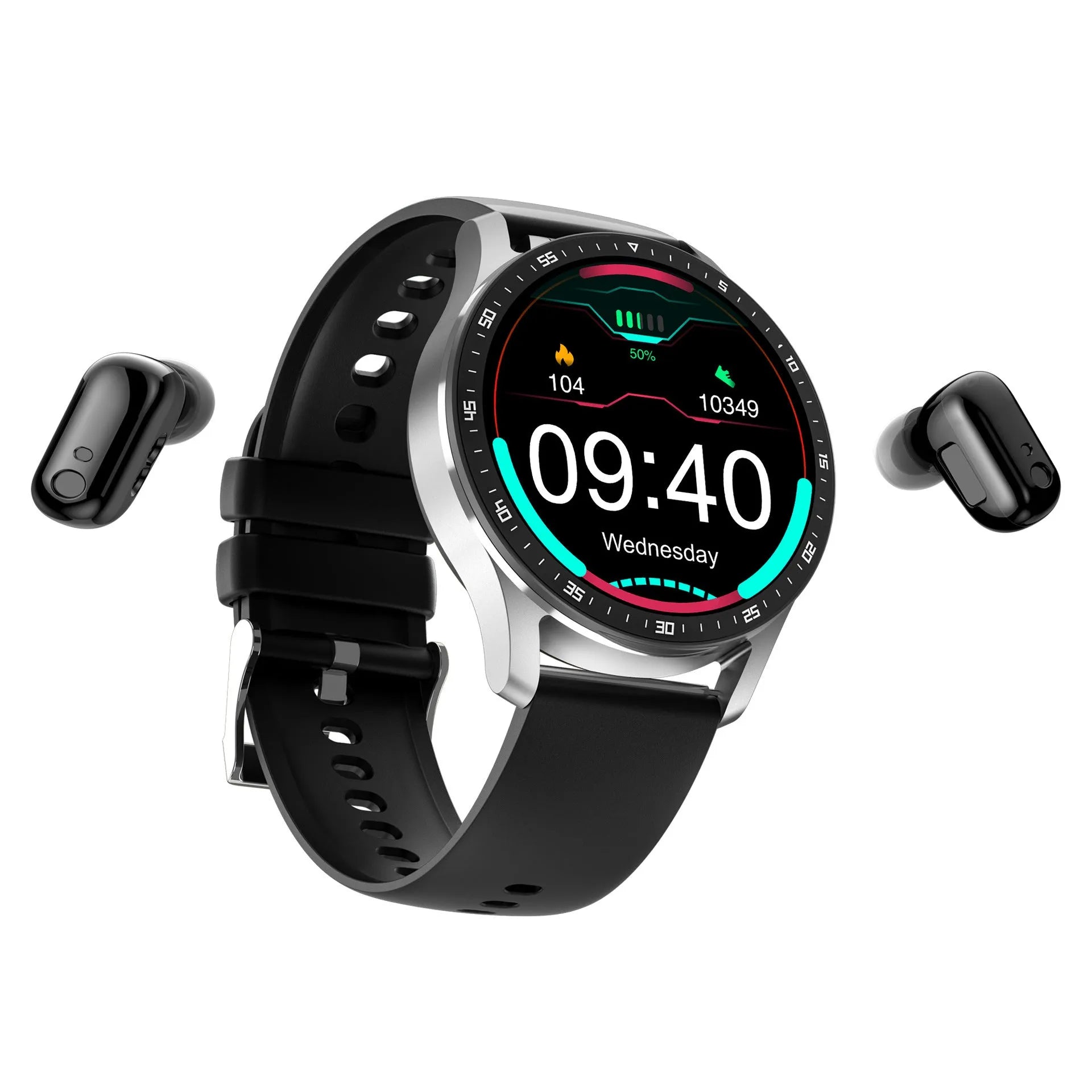 X7 smart watch with black TPU band and TWS Bluetooth earphones on a charging cable
