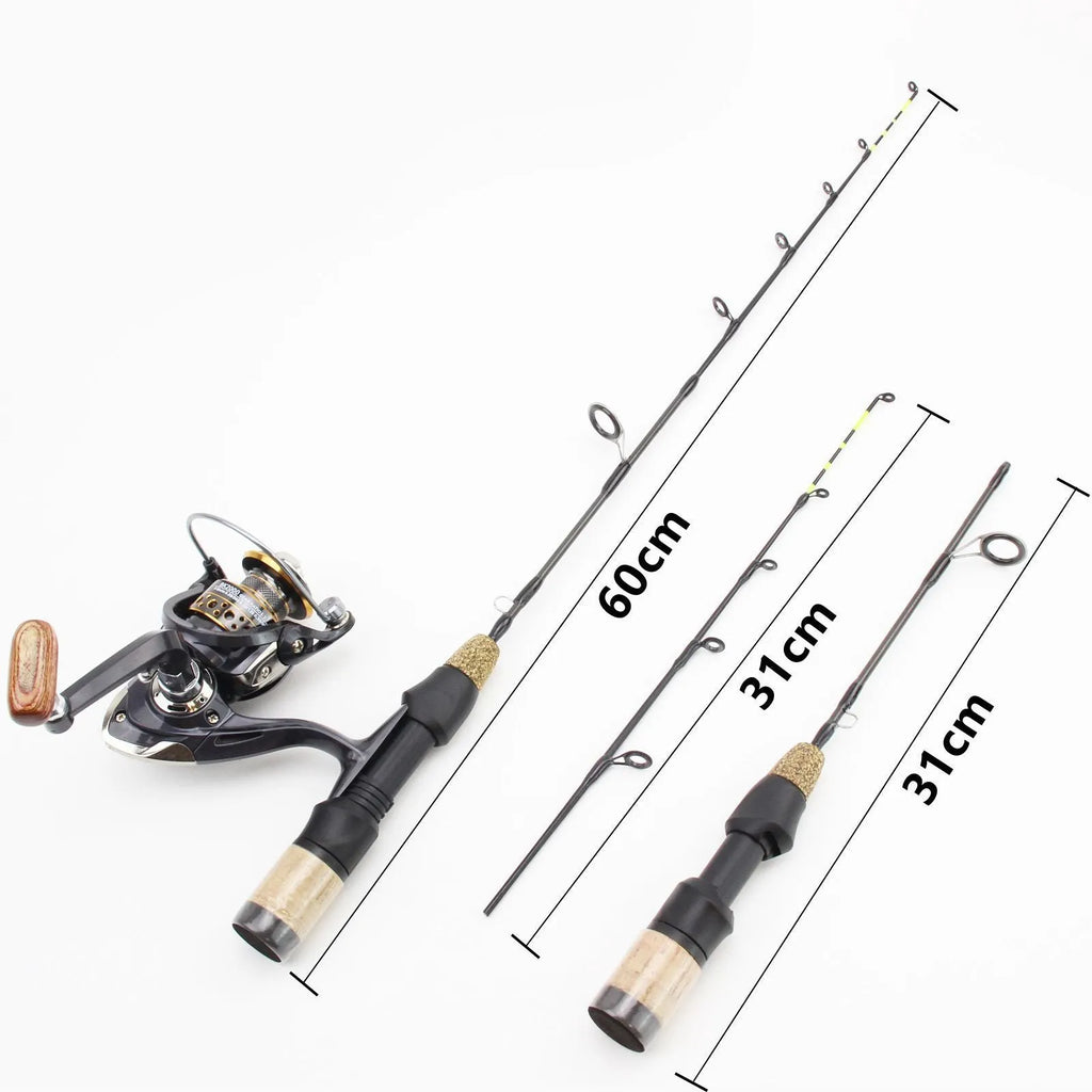 Double tip ice fishing rod with spinning wheel, 60cm length, 2 sections, hard action, single pole colour