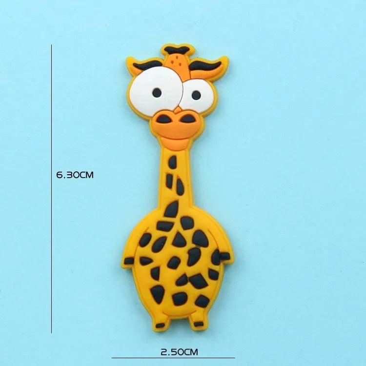 Set of 9 colourful PVC cartoon animal refrigerator stickers on a white fridge surface