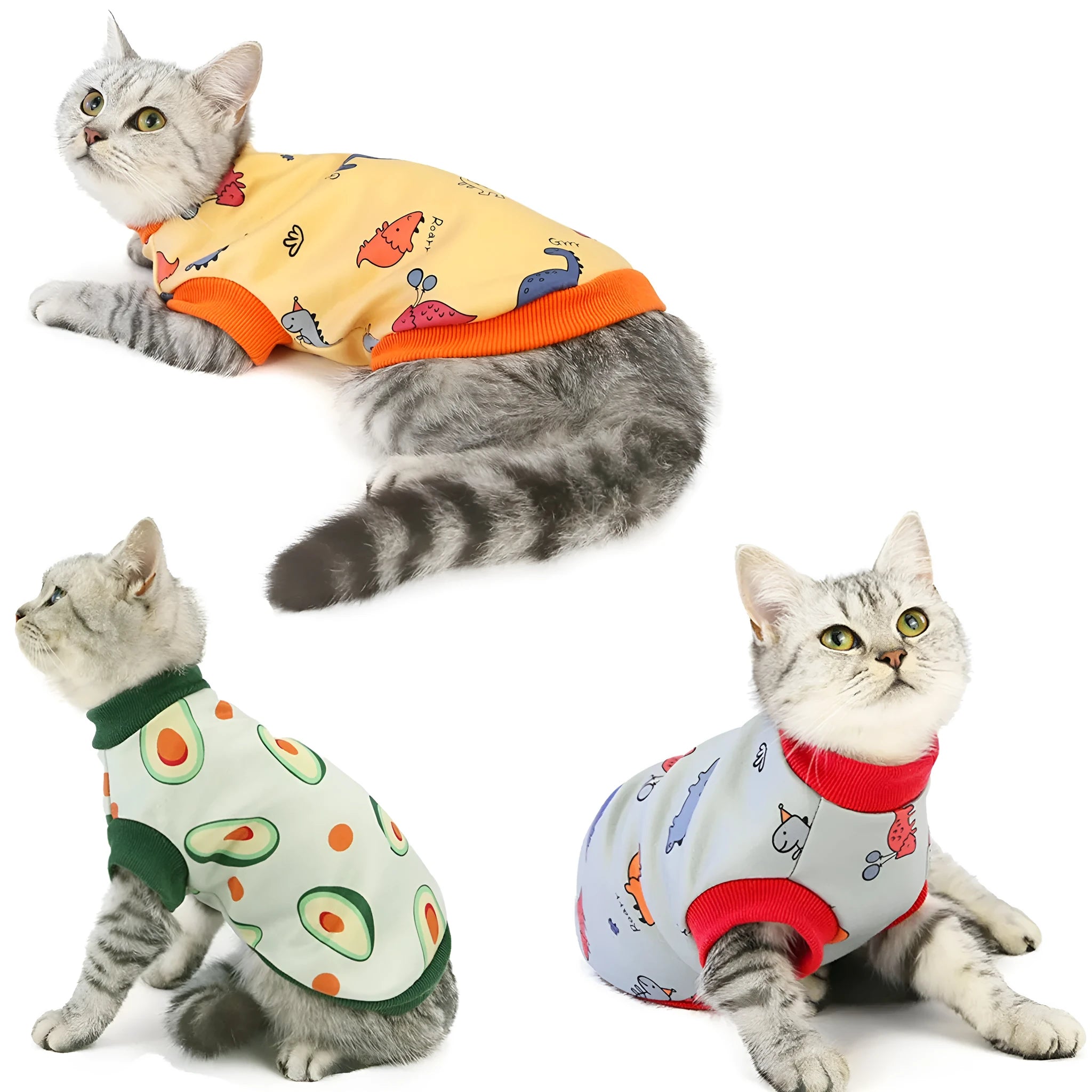 Yellow dinosaur design cotton cat clothes for autumn winter, casual style, available in multiple sizes