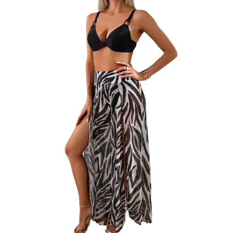 Women's printed bikini three-piece swimsuit set showing bra, shorts, and pants in various patterns