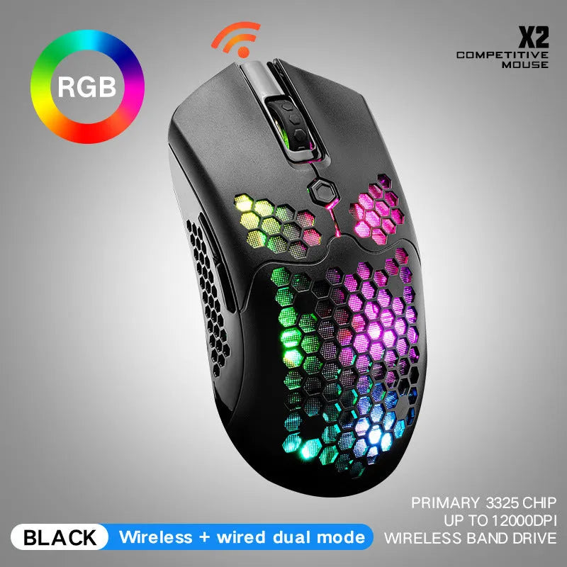 Free Wolf X2 wireless RGB gaming mouse in black with dual-mode connectivity