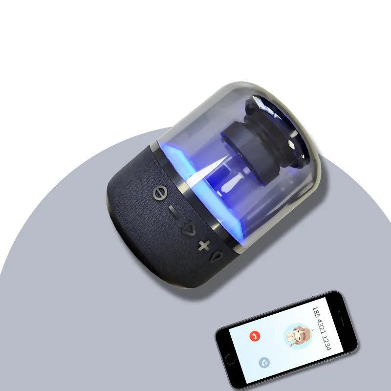 Four-colour light touch wireless Bluetooth speaker showing halo effect and control buttons.