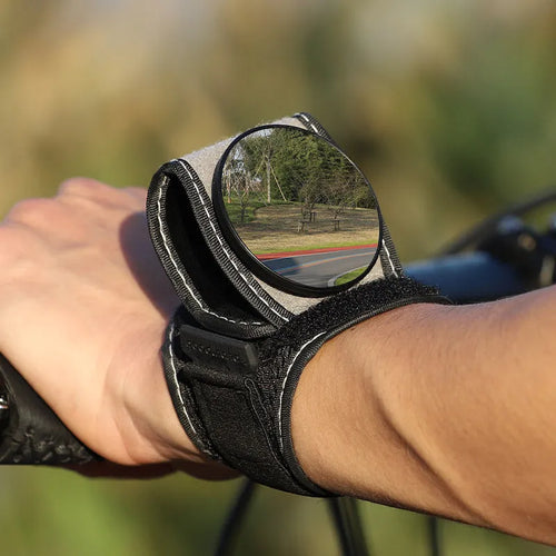 Black bicycle wrist rear-view mirror with adjustable nylon fixture for cycling safety