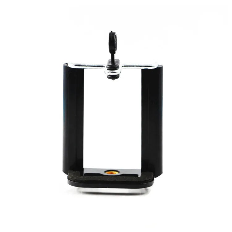 Black plastic U-shaped clip phone holder bracket for mounting on poles and handles.