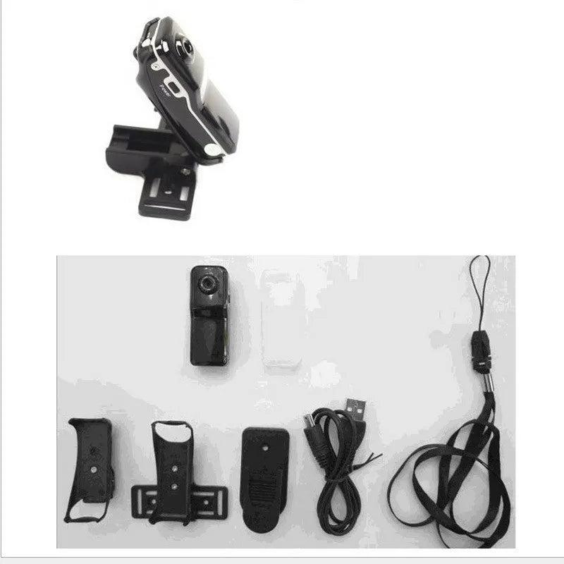 Mini HD MD80 mini DV camera in black with clip-on adapter and USB cable