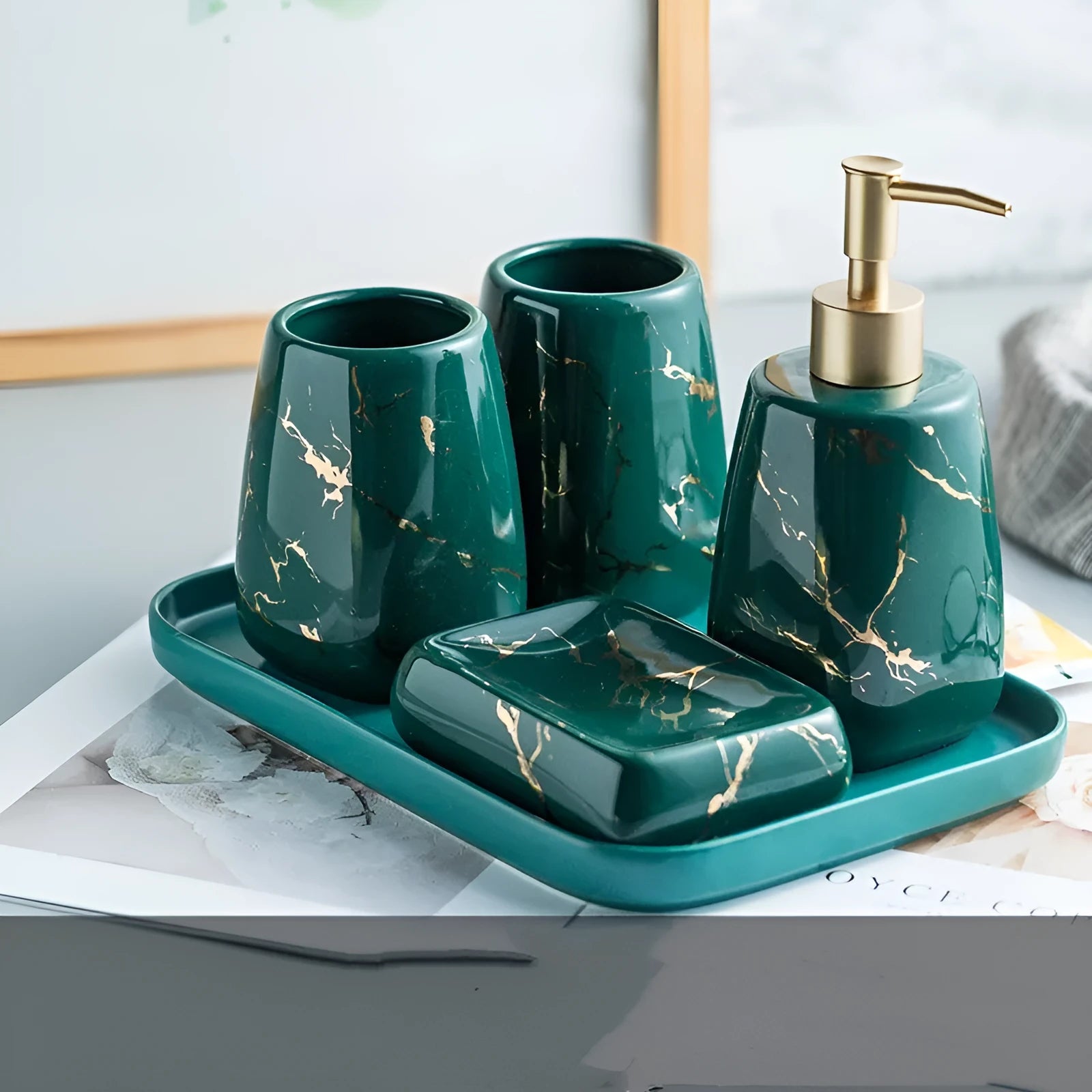 Ceramic bathroom wash set with decal decoration in black, blue and white colour options