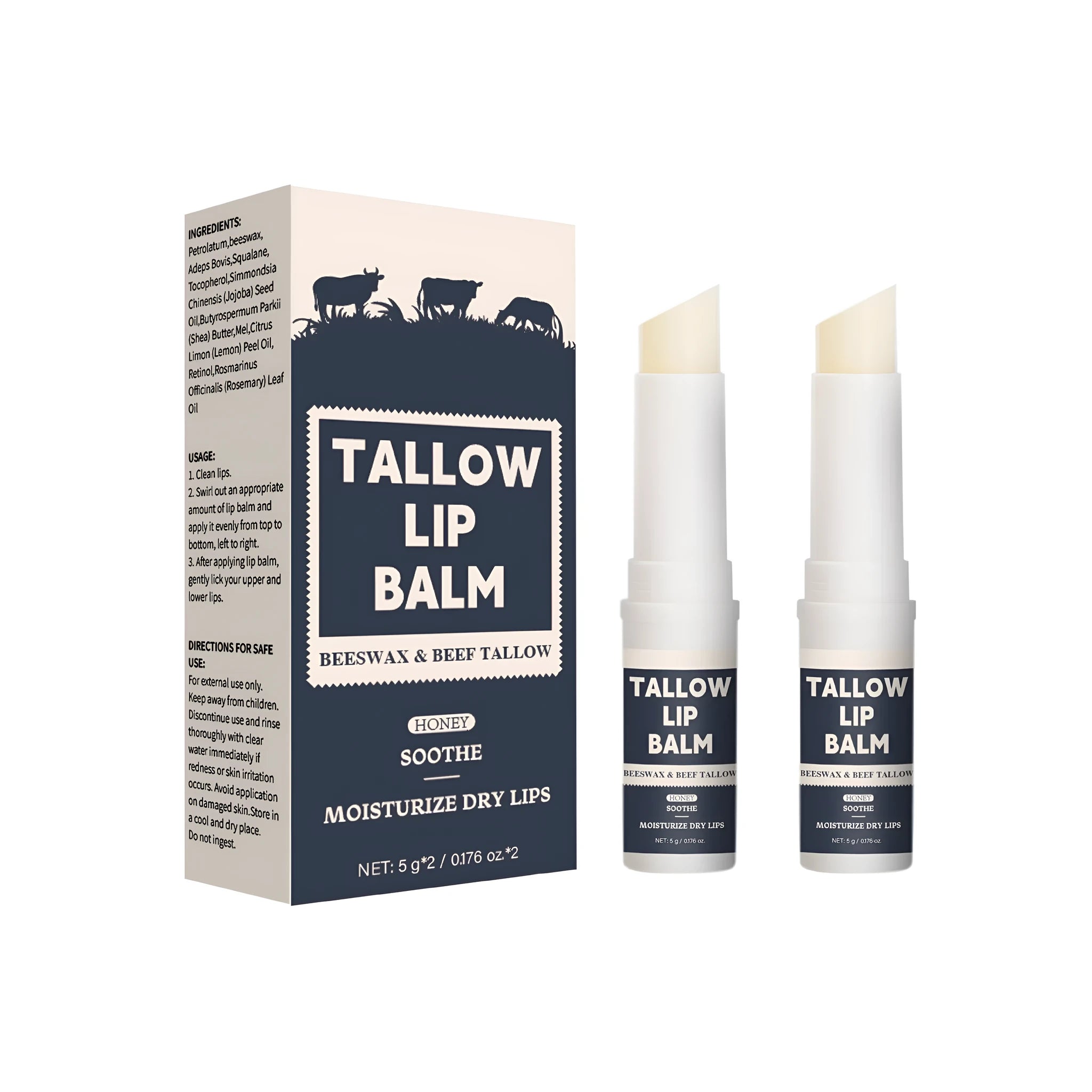 Two beef fat lip balms in standard size packaging for universal skin types