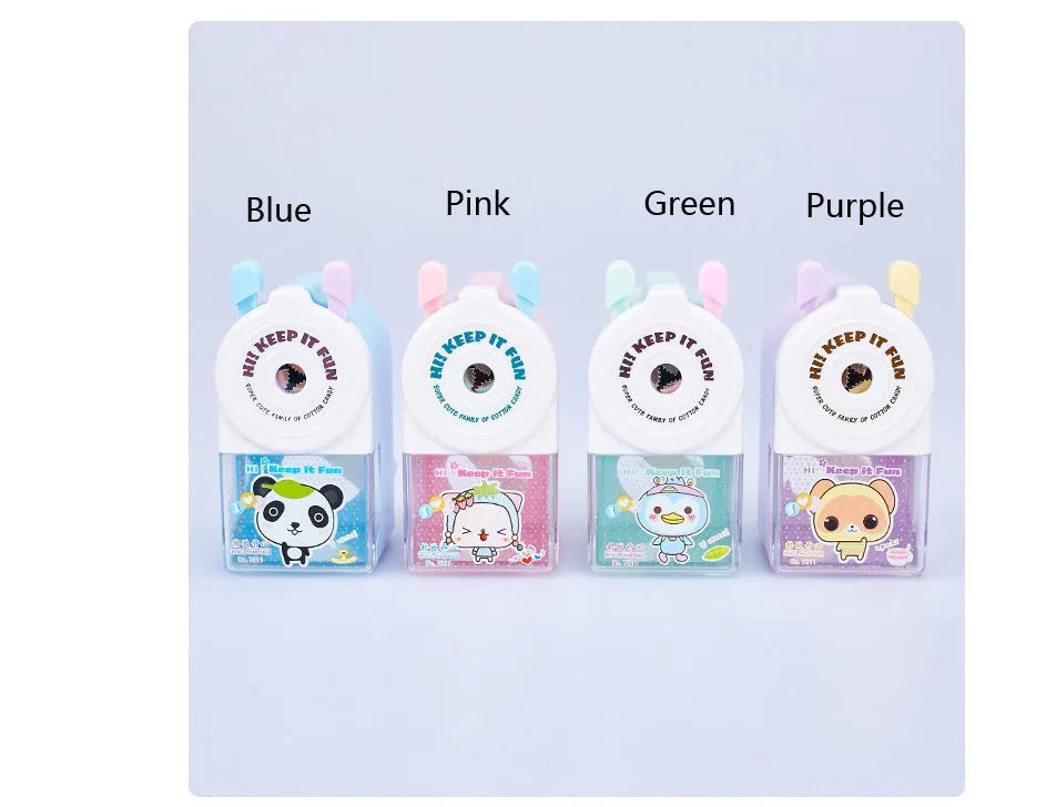 Cartoon pet pencil sharpener with geometric design in blue, green, pink, and purple options