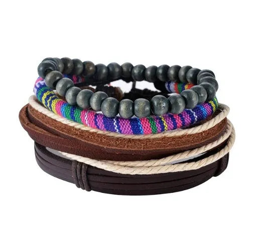 Handmade adjustable leather wrap bracelet with wooden beads on a wrist.
