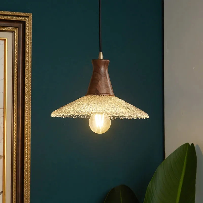 Retro simple wood and glass ceiling chandelier with brass finish in small, medium, or large size.