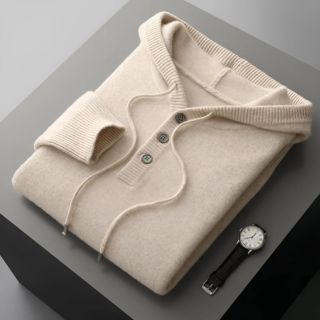 Men's American-style warm button hoodie sweater pullover in light camel, loose fit, standard wool yarn
