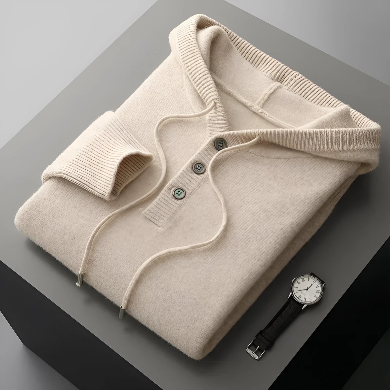 Men's American-style warm button hoodie sweater pullover in light camel, loose fit, standard wool yarn