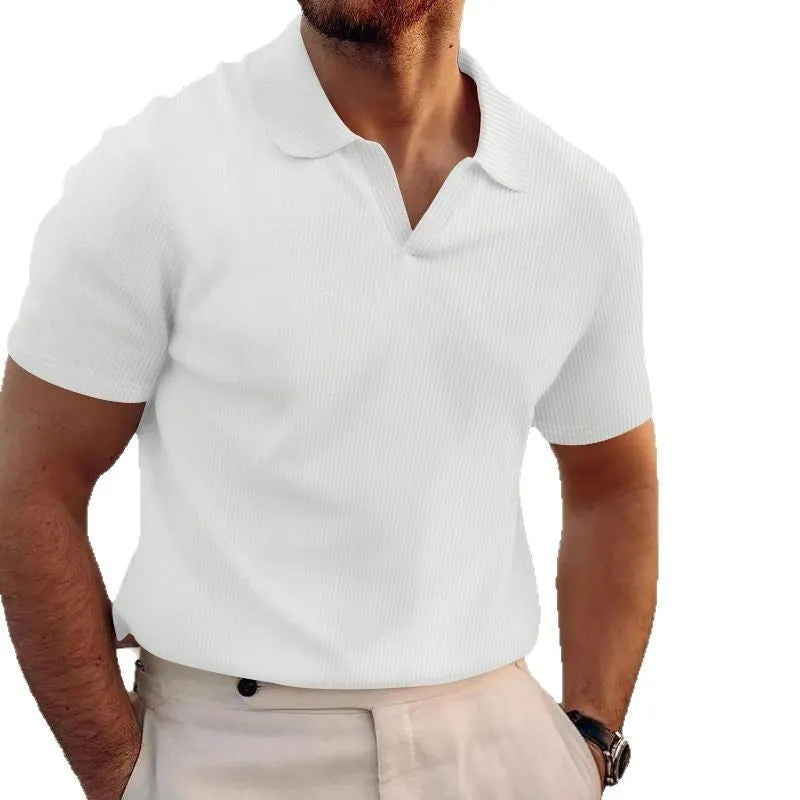 Men's black waffle fabric lapel t-shirt with short sleeves in slim fit