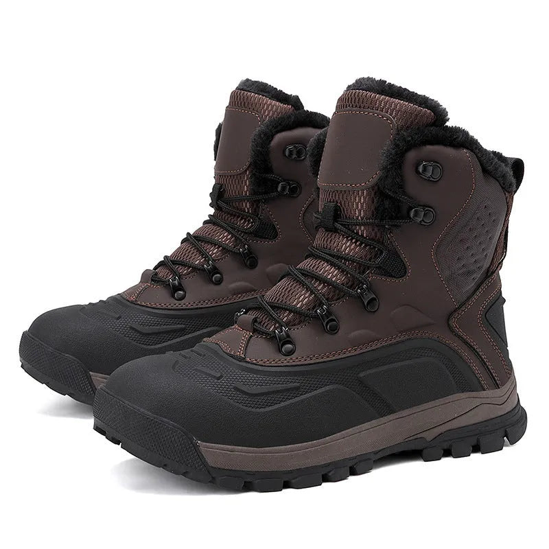 Men's black high-top boots with fleece lining and lace-up front, shown on a ribbed sole.
