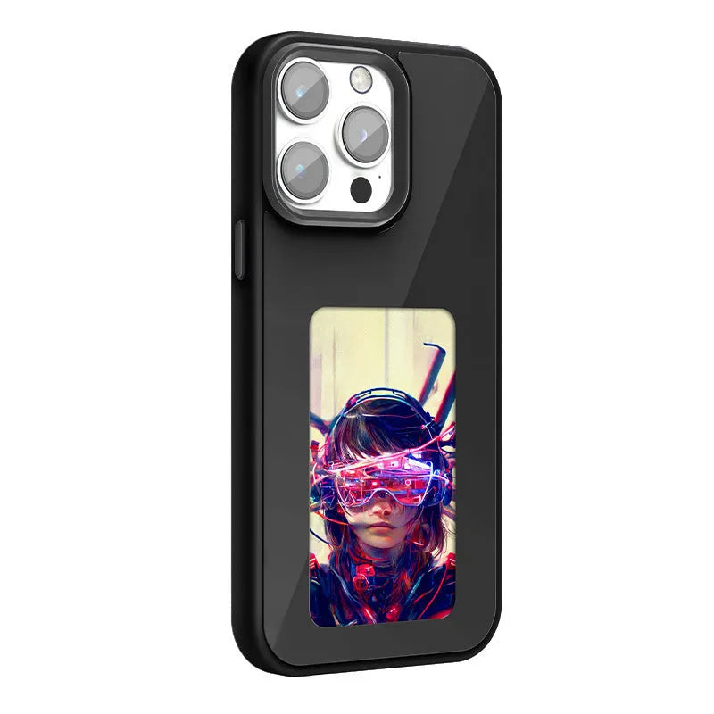 NFC four-colour E-ink screen AI projection phone case for iPhone, soft TPU composite board anti-fall cover in black with tulip design