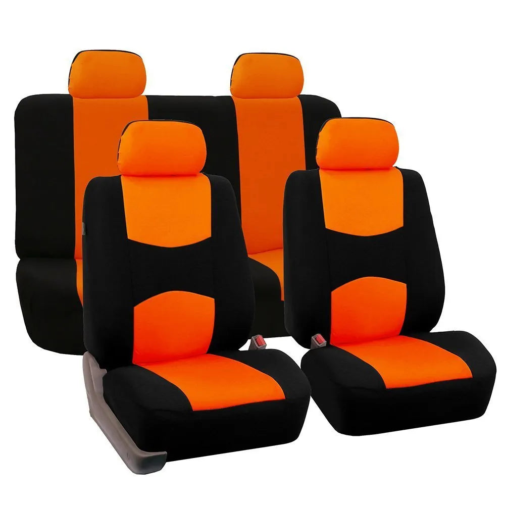 Universal car seat cover set in bird's eye cloth fabric, includes head covers and front and rear seat covers