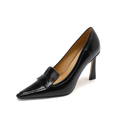 Women's pointed-toe stiletto heel pumps in black first layer cowhide leather with beef tendon sole