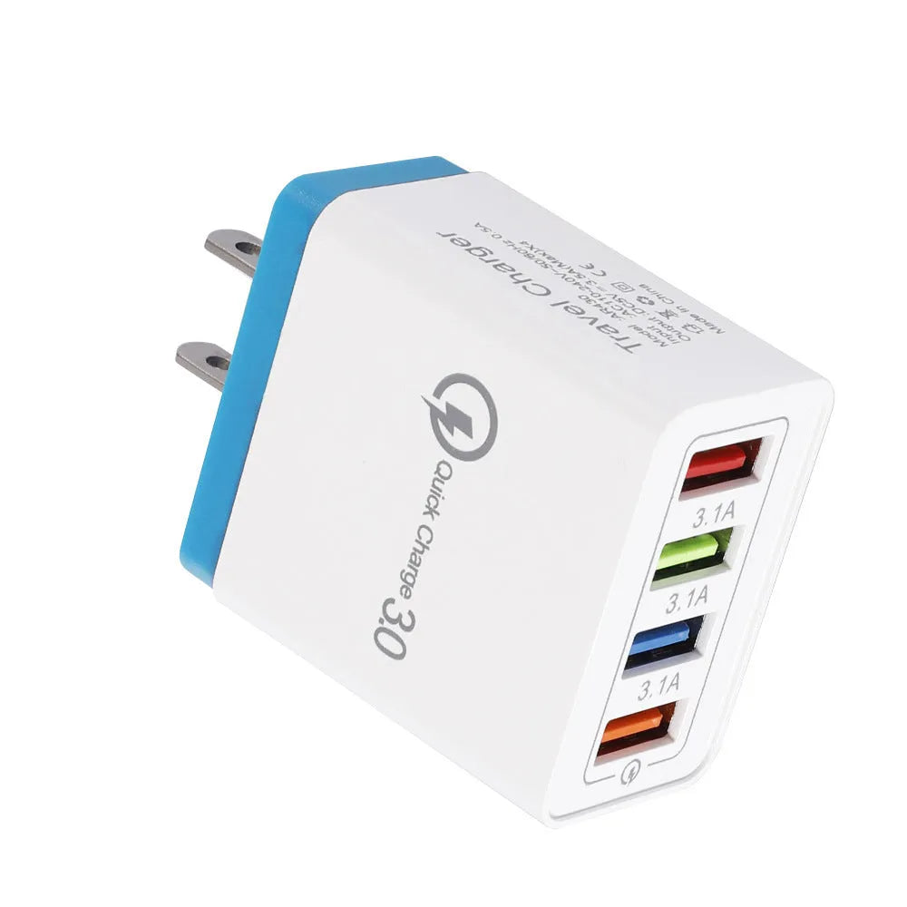 4-port USB mobile phone charger with illuminated indicators in multiple colour options