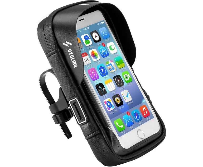 Black waterproof touch screen bicycle handlebar bag mounted on handlebars with phone visible through TPU window