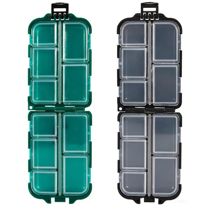 Small plastic fishing tackle storage box with 10 compartments in black, green or blue