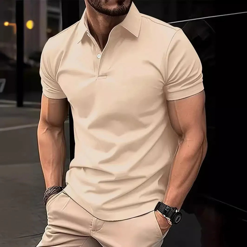 Man wearing a slim-fit solid colour short sleeve button-up casual shirt in a cotton blend fabric.