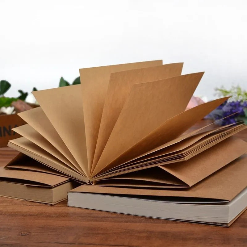Brown and white kraft paper sketchbooks showing flat-lay wireless binding and open pages.