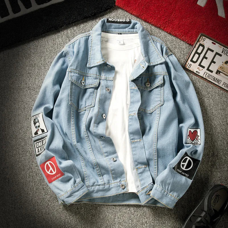 Blue loose-fit denim jacket with lapel collar and multiple pockets