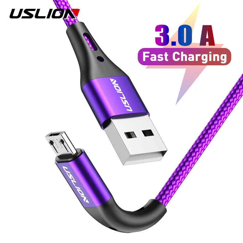 Nylon braided Micro USB charging cable in Black with alloy joint, 3A fast charging support, on a white background