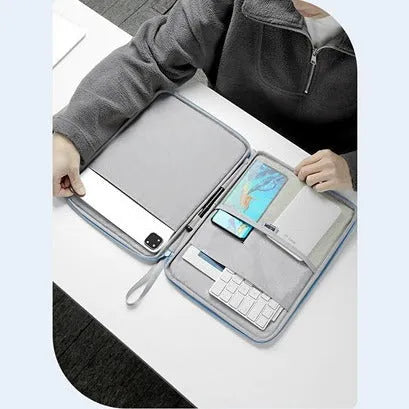 Imitation leather tablet protective case with handle in black, front view, fits 10.9-inch and 12.9-inch devices