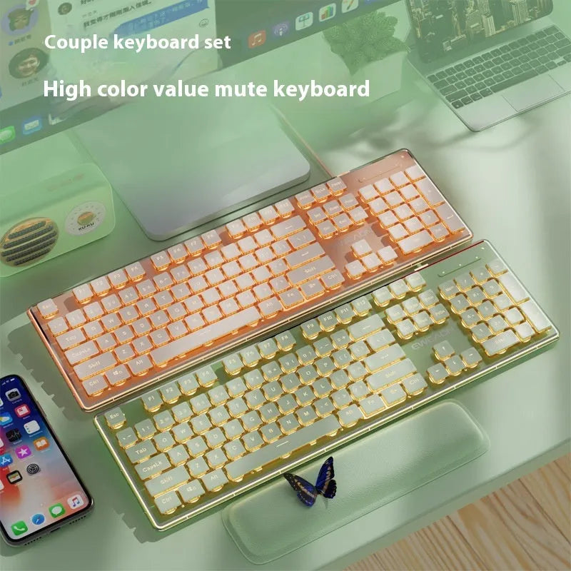 Prewalker V3 wired mute keyboard and mouse suit in retro green colour on a desk