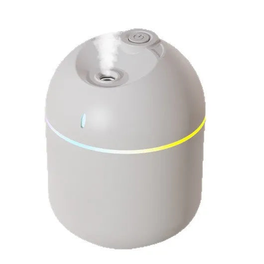 USB mini humidifier with colour light and water drop design in white plastic