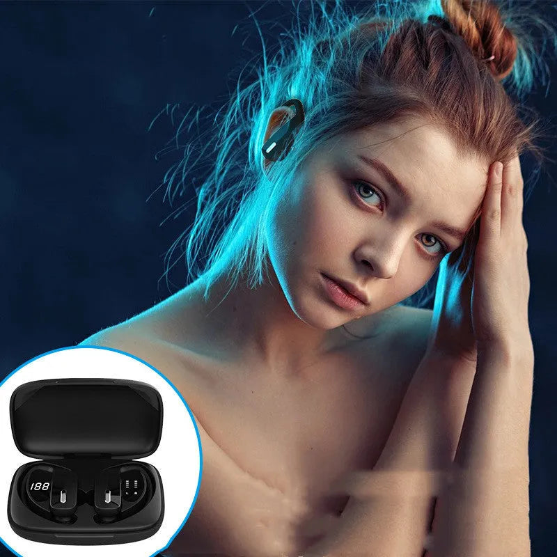 Black wireless Bluetooth headset with LED digital display and hanging ear design