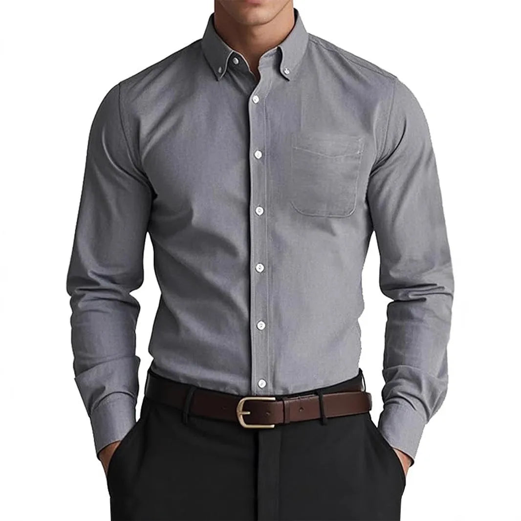 Men's Oxford pure colour casual loose shirt in linen cotton blend, cardigan style, solid colour, relaxed fit for work