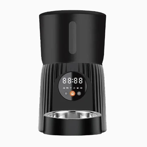 Black and white intelligent pet feeder with automatic timing and quantitative remote control via smartphone app