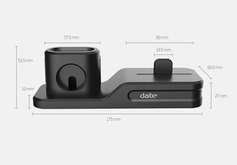 Black silicone 3-in-1 charging station for Apple iPhone, iWatch and AirPods on a desktop