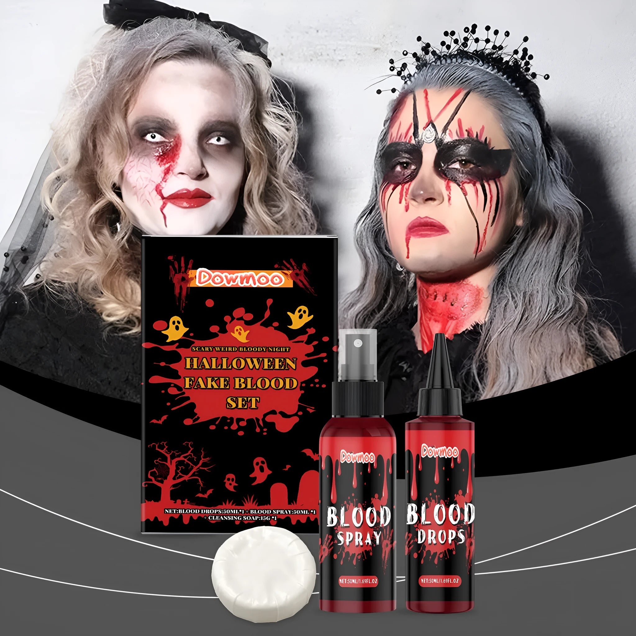 Three-piece washable fake blood kit with 50ml drops, 50ml spray, and 15g soap for special effects makeup.
