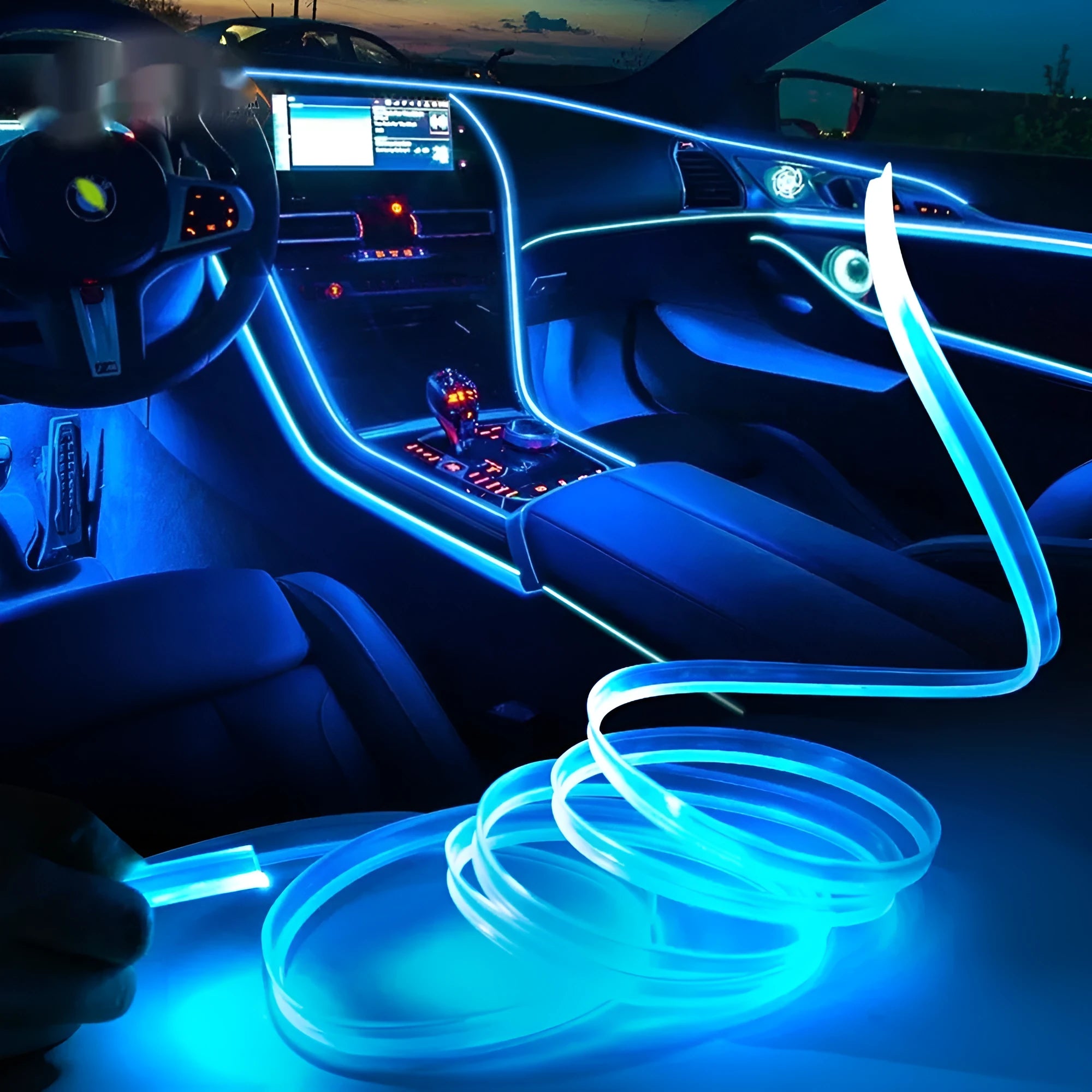 USB-powered multi-colour LED ambience light strip for car interior, available in multiple lengths.