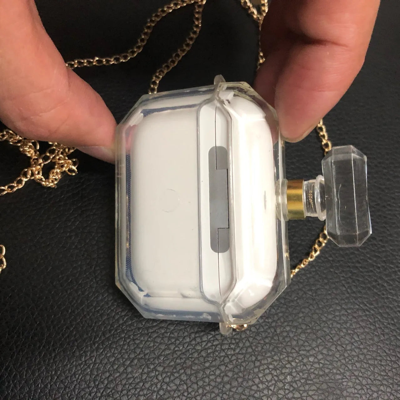 White perfume bottle style silicone protective case for Apple AirPods Pro, AirPods 3 and AirPods 2 wireless charging box.