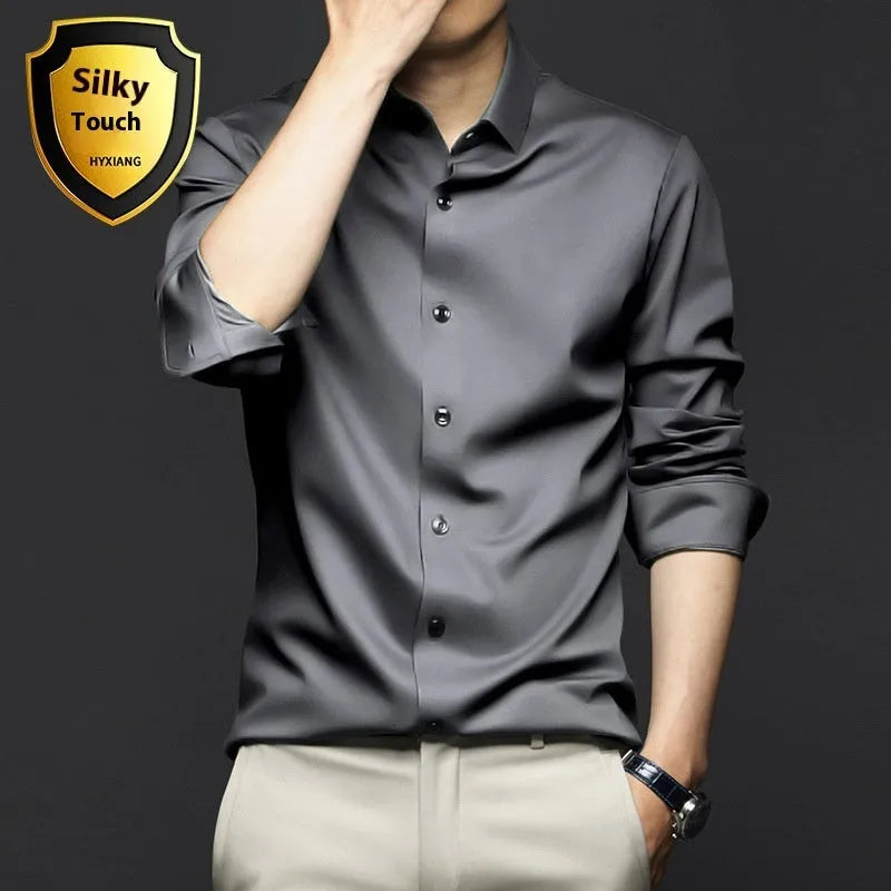 Business high-end ice silk cardigan in solid colour with lapel collar, slim fit, long sleeves