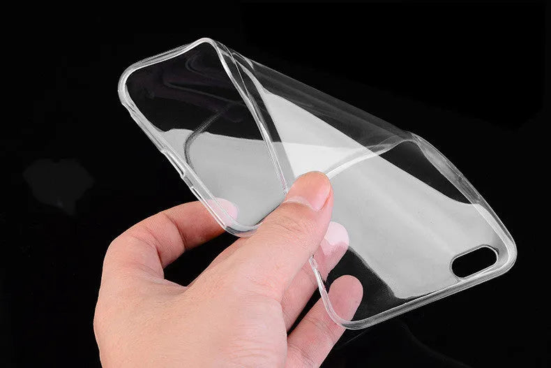 Transparent TPU soft shell mobile phone case for iPhone models on a white background.