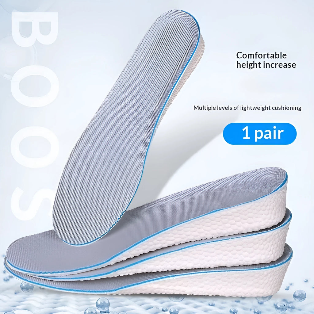 Pair of men's EVA height increasing insoles with full cushion surface and hard base in multiple lift heights