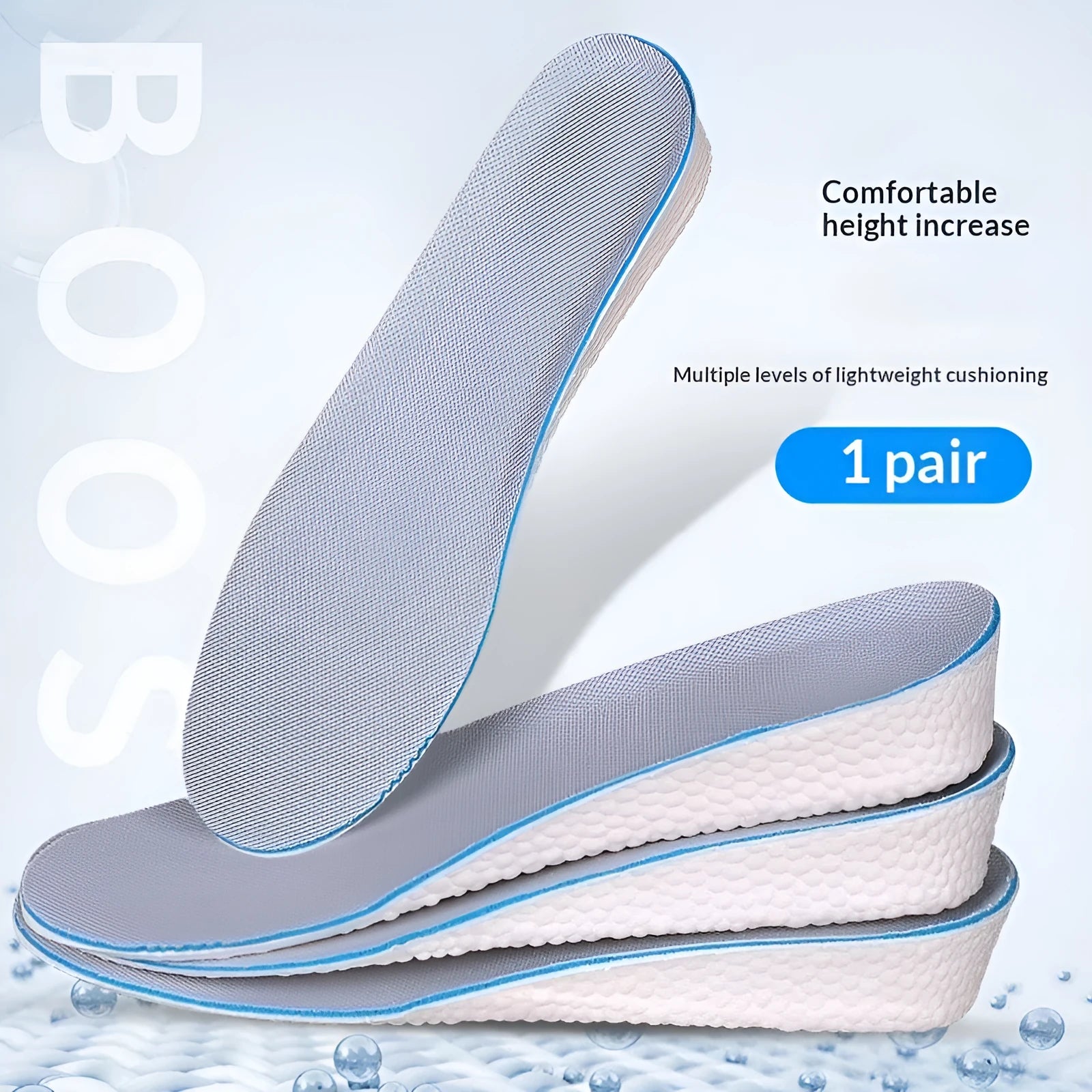 Pair of men's EVA height increasing insoles with full cushion surface and hard base in multiple lift heights
